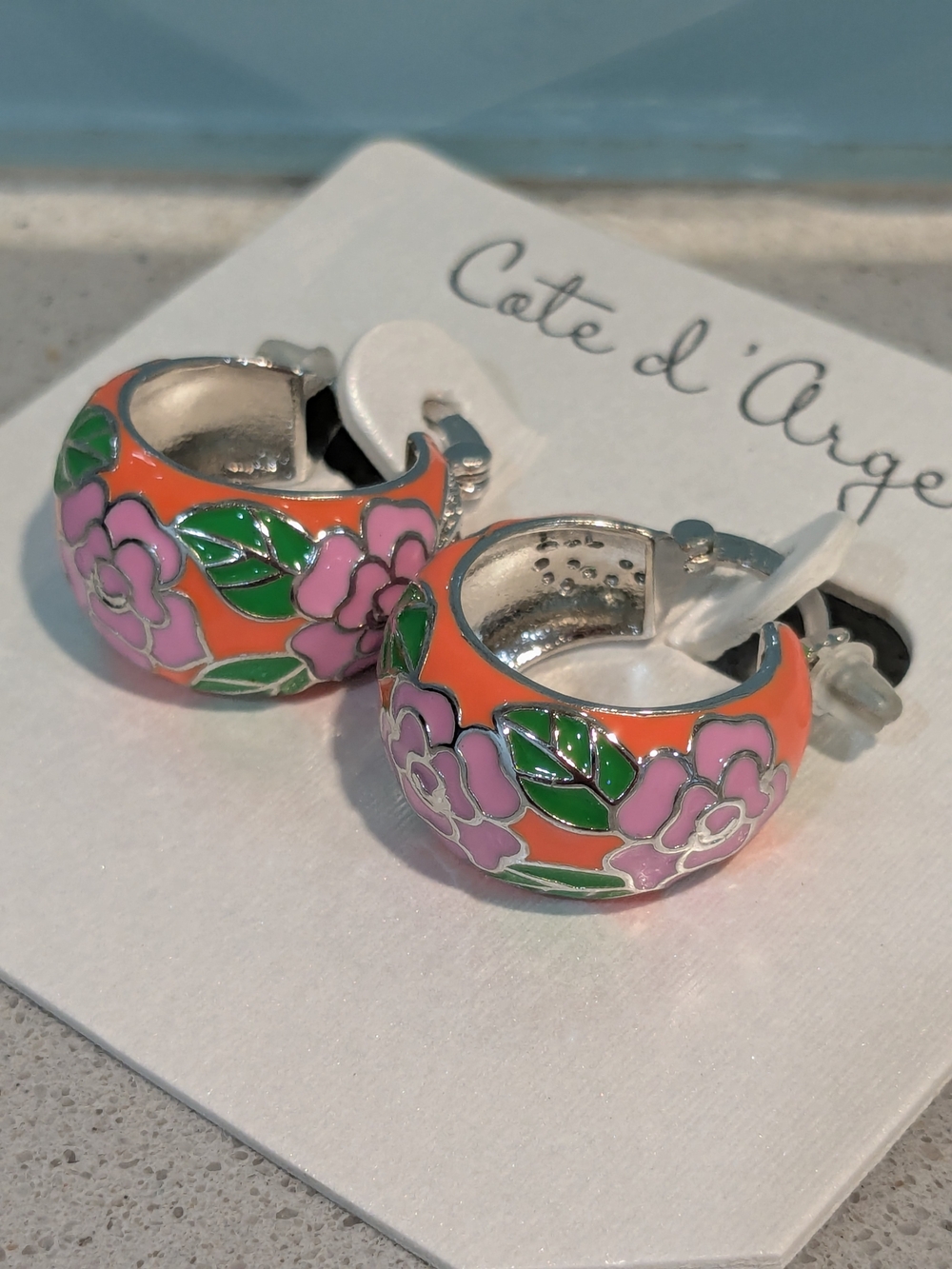 Cote d' Argent Pink Floral Orange Hoop Earrings NEW